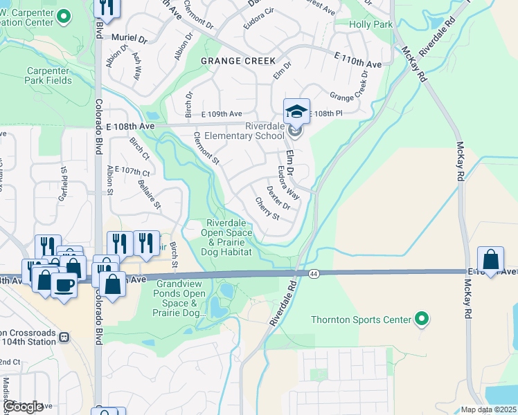 map of restaurants, bars, coffee shops, grocery stores, and more near 10586 Clermont Way in Thornton