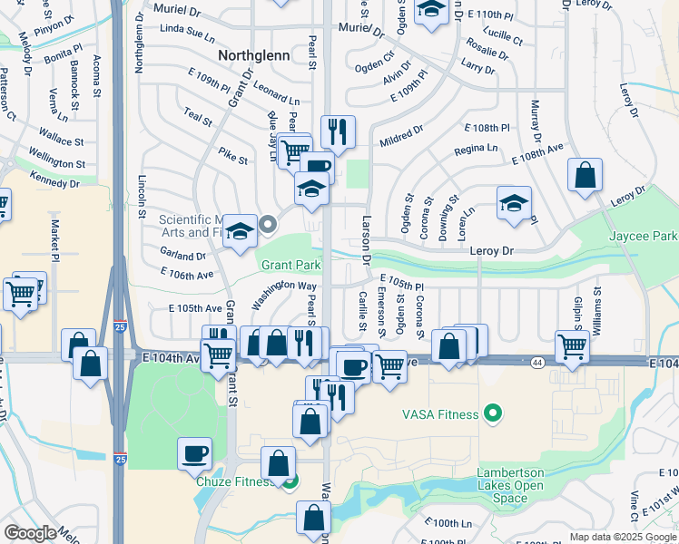 map of restaurants, bars, coffee shops, grocery stores, and more near in Northglenn