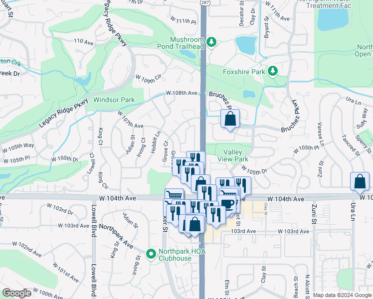 map of restaurants, bars, coffee shops, grocery stores, and more near 3082 West 107th Place in Westminster