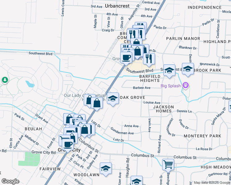 map of restaurants, bars, coffee shops, grocery stores, and more near 3139 Louise Avenue in Grove City