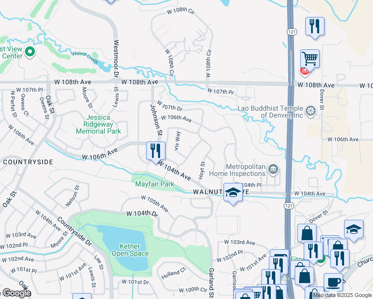 map of restaurants, bars, coffee shops, grocery stores, and more near 10437 Independence Street in Westminster