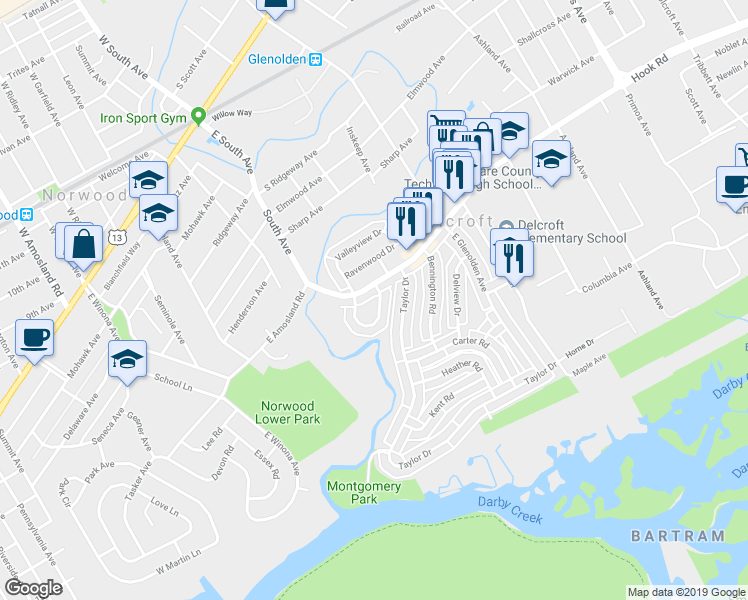 map of restaurants, bars, coffee shops, grocery stores, and more near 724 Windsor Circle in Folcroft