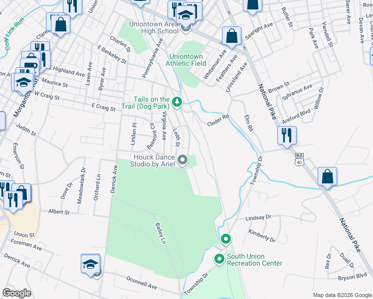 map of restaurants, bars, coffee shops, grocery stores, and more near 44 Leith Street in Uniontown