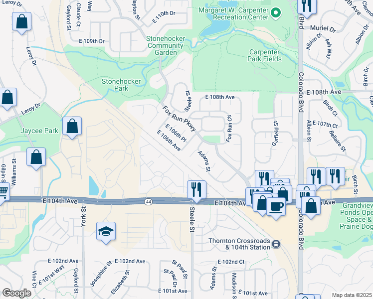map of restaurants, bars, coffee shops, grocery stores, and more near 10602 Steele Street in Northglenn