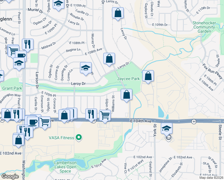 map of restaurants, bars, coffee shops, grocery stores, and more near 1687 East 105th Place in Northglenn