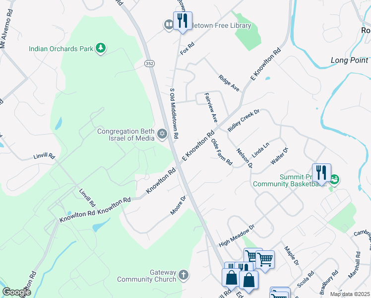 map of restaurants, bars, coffee shops, grocery stores, and more near 21 East Knowlton Road in Media