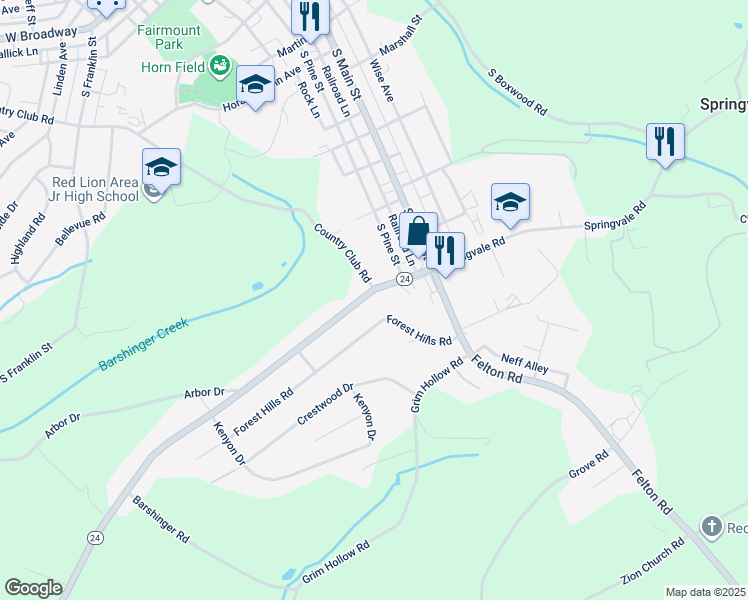 map of restaurants, bars, coffee shops, grocery stores, and more near 104 Winterstown Road in Red Lion