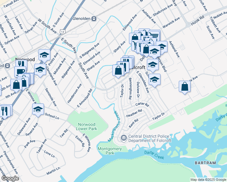 map of restaurants, bars, coffee shops, grocery stores, and more near 724 Windsor Circle in Folcroft