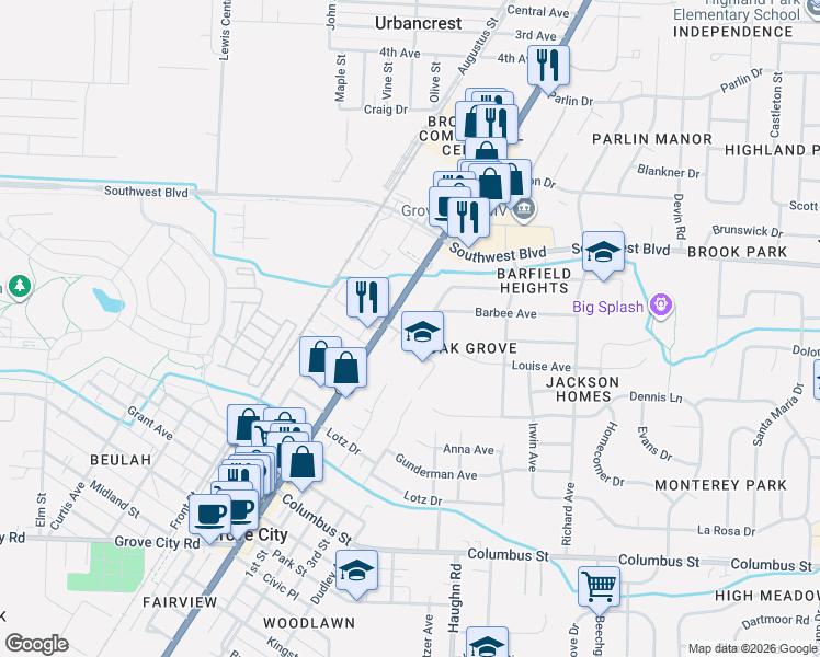 map of restaurants, bars, coffee shops, grocery stores, and more near 3139 Louise Avenue in Grove City