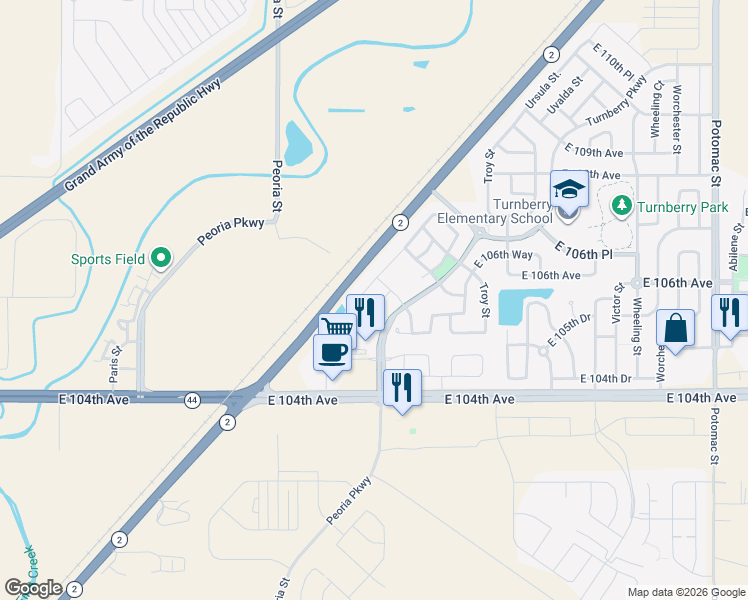 map of restaurants, bars, coffee shops, grocery stores, and more near 10536 Racine Way in Commerce City
