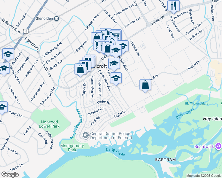 map of restaurants, bars, coffee shops, grocery stores, and more near 905 Grant Road in Folcroft