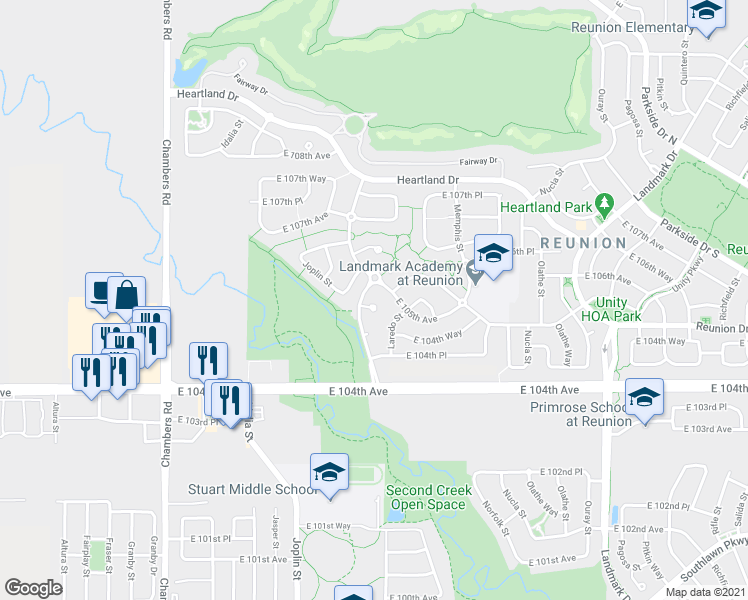 map of restaurants, bars, coffee shops, grocery stores, and more near 16042 East 105th Court in Commerce City