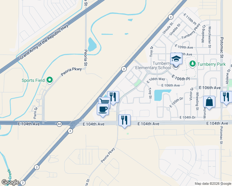 map of restaurants, bars, coffee shops, grocery stores, and more near 10536 Racine Way in Commerce City
