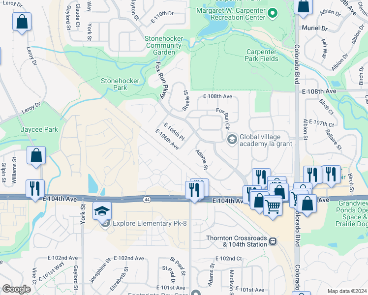 map of restaurants, bars, coffee shops, grocery stores, and more near 10602 Steele Street in Northglenn