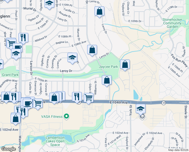 map of restaurants, bars, coffee shops, grocery stores, and more near 1687 East 105th Place in Northglenn