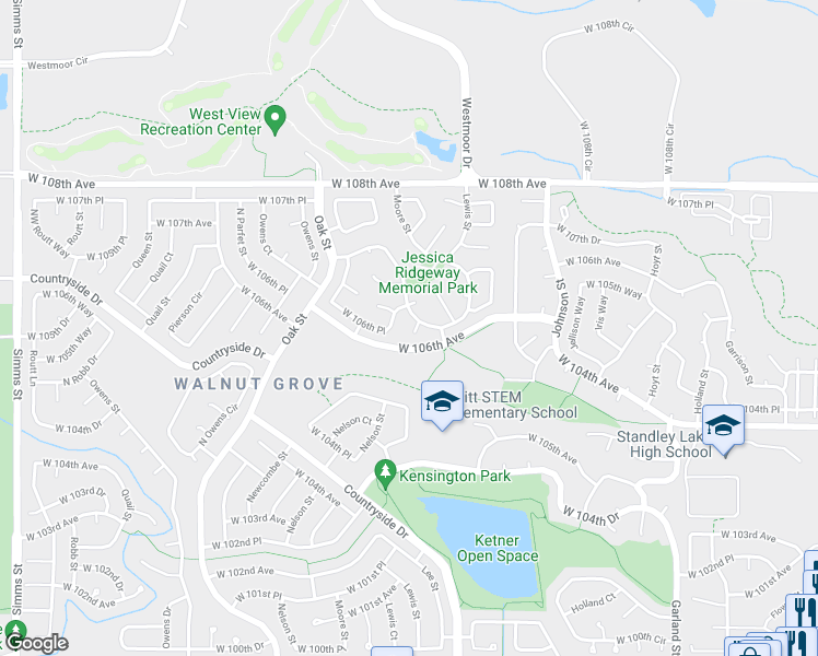 map of restaurants, bars, coffee shops, grocery stores, and more near 10536 West 106th Place in Westminster