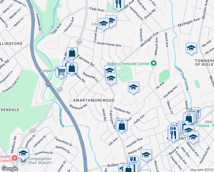 map of restaurants, bars, coffee shops, grocery stores, and more near 919 Fairview Road in Swarthmore