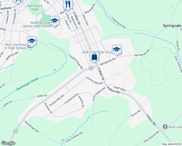 map of restaurants, bars, coffee shops, grocery stores, and more near 15 Forest Hills Road in Red Lion