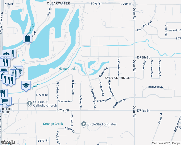 map of restaurants, bars, coffee shops, grocery stores, and more near 7321 Sylvan Ridge Road in Indianapolis