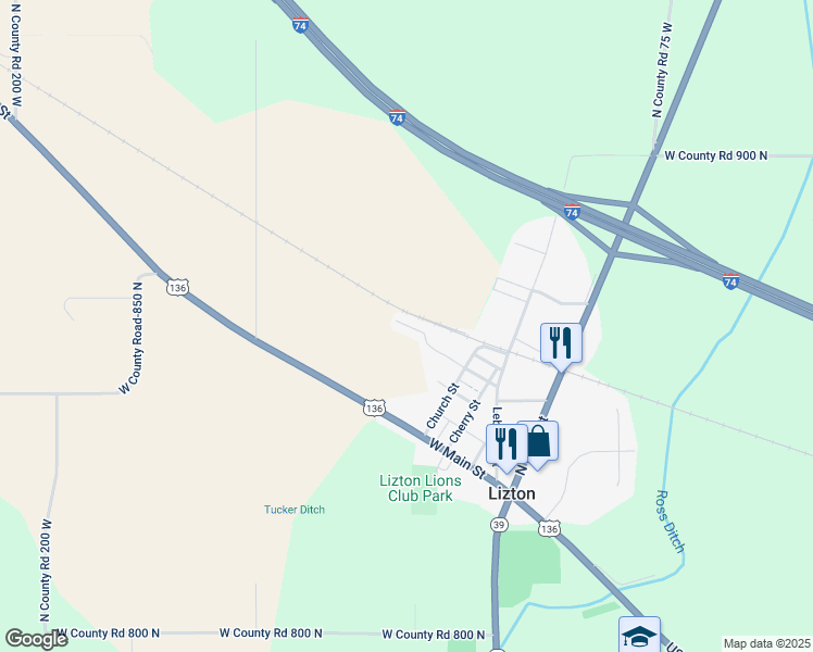 map of restaurants, bars, coffee shops, grocery stores, and more near 607 Kody Drive in Lizton