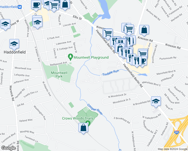 map of restaurants, bars, coffee shops, grocery stores, and more near 296 Tavistock in Cherry Hill