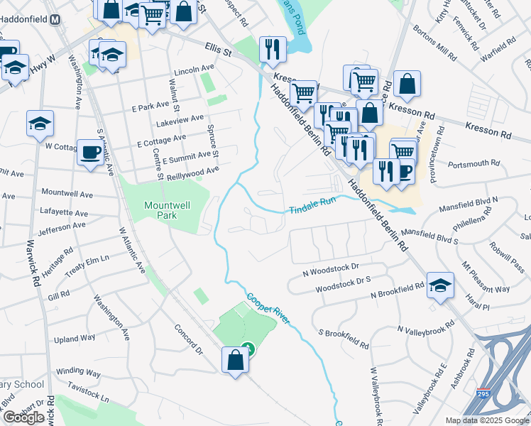 map of restaurants, bars, coffee shops, grocery stores, and more near 284 Tavistock Road in Cherry Hill
