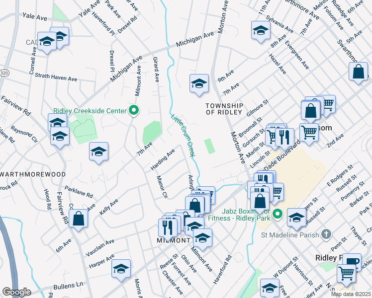 map of restaurants, bars, coffee shops, grocery stores, and more near 606 Arlington Avenue in Swarthmore