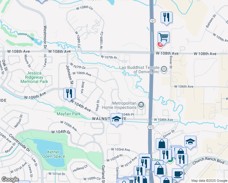 map of restaurants, bars, coffee shops, grocery stores, and more near 10521 Holland Street in Westminster