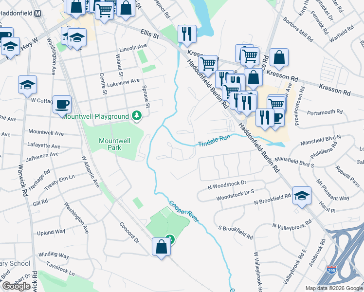 map of restaurants, bars, coffee shops, grocery stores, and more near 296 Tavistock in Cherry Hill
