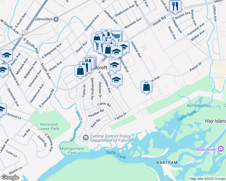 map of restaurants, bars, coffee shops, grocery stores, and more near 1919 Fowler Road in Folcroft