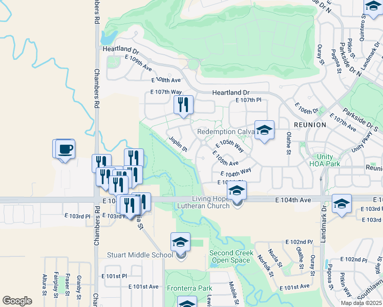 map of restaurants, bars, coffee shops, grocery stores, and more near 15928 East 106th Place in Commerce City