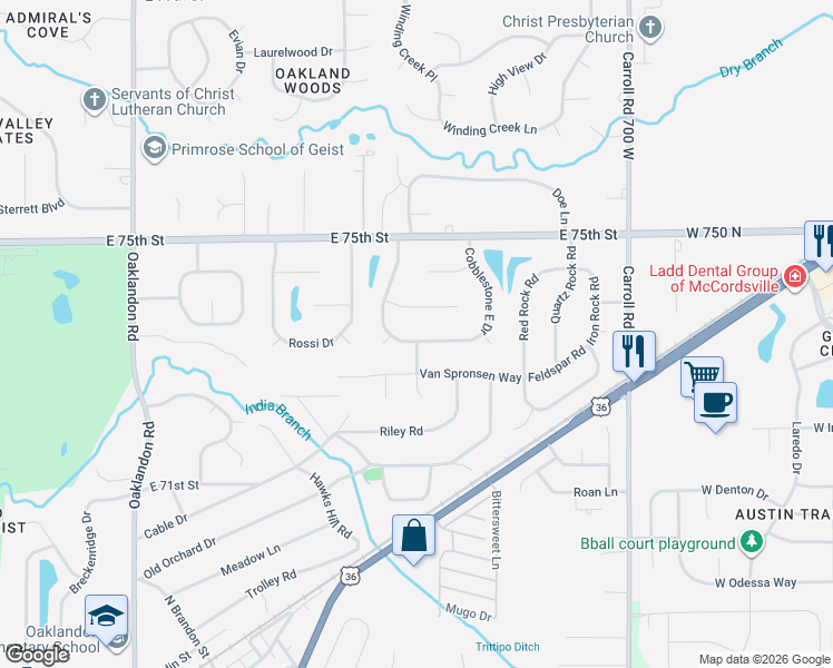 map of restaurants, bars, coffee shops, grocery stores, and more near 12353 Cobblestone South Drive in Indianapolis