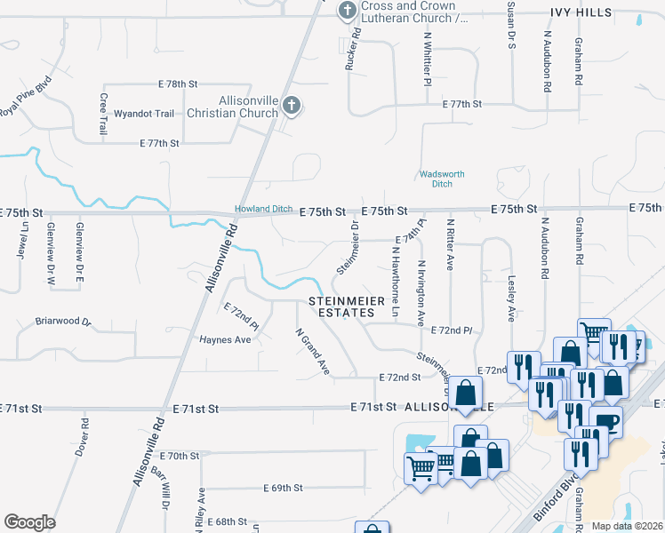 map of restaurants, bars, coffee shops, grocery stores, and more near 7340 Steinmeier Drive in Indianapolis