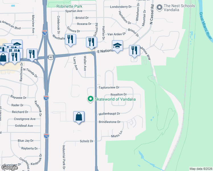 map of restaurants, bars, coffee shops, grocery stores, and more near 954 Taylorsview Drive in Vandalia