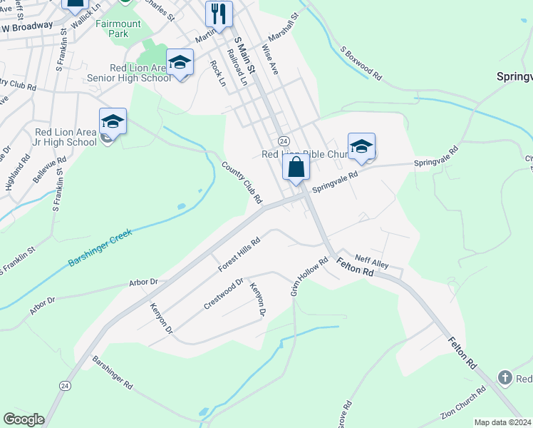 map of restaurants, bars, coffee shops, grocery stores, and more near 104 Winterstown Road in Red Lion