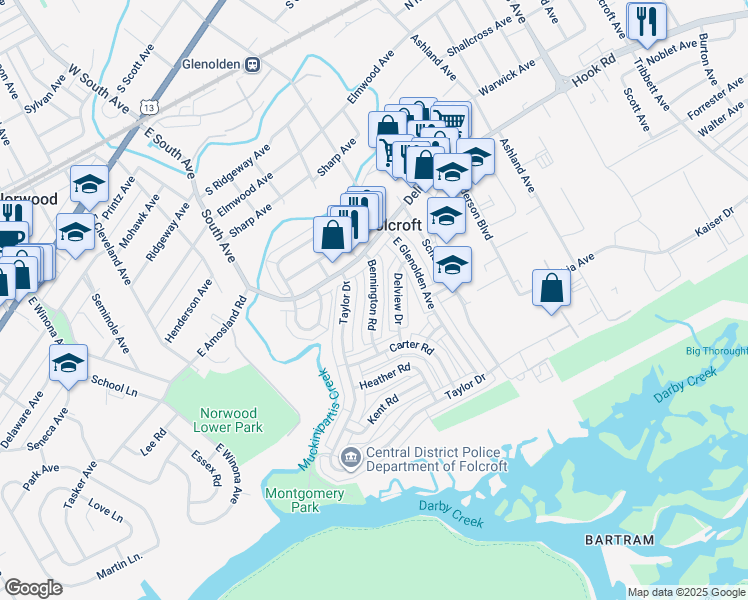 map of restaurants, bars, coffee shops, grocery stores, and more near 803 Bennington Rd in Folcroft