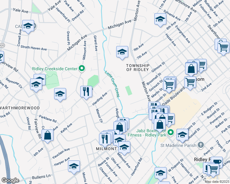 map of restaurants, bars, coffee shops, grocery stores, and more near 606 Arlington Avenue in Swarthmore