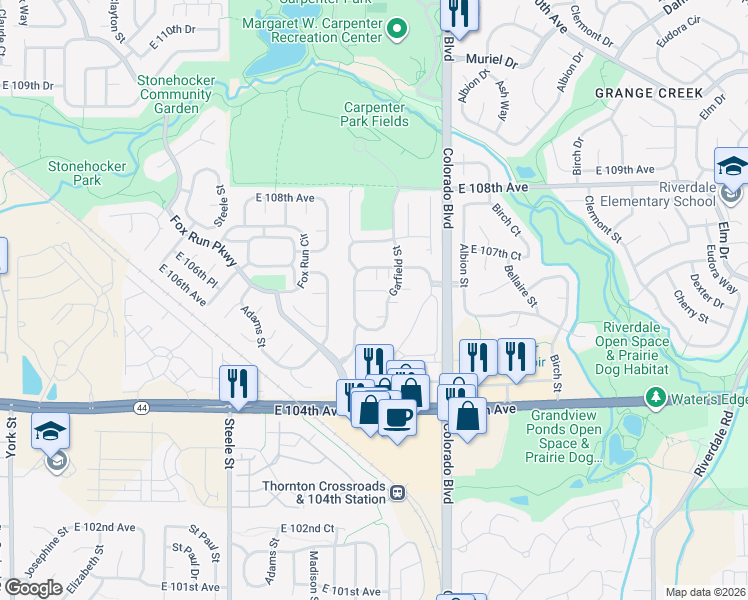 map of restaurants, bars, coffee shops, grocery stores, and more near 10557 Garfield Street in Thornton