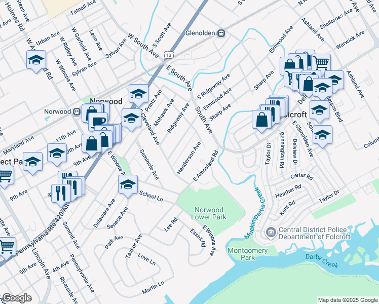 map of restaurants, bars, coffee shops, grocery stores, and more near 119 Henderson Avenue in Norwood