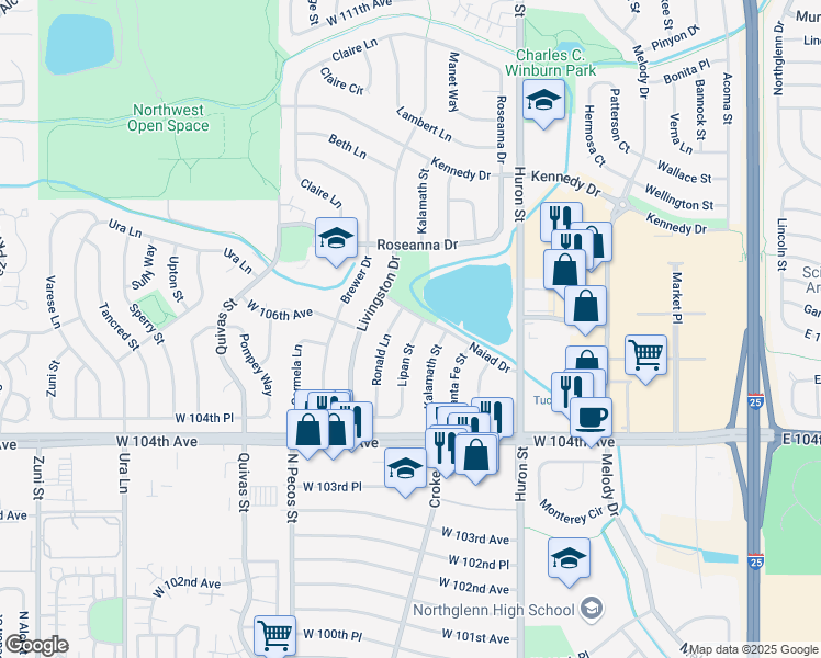 map of restaurants, bars, coffee shops, grocery stores, and more near 10547 Lipan Street in Northglenn