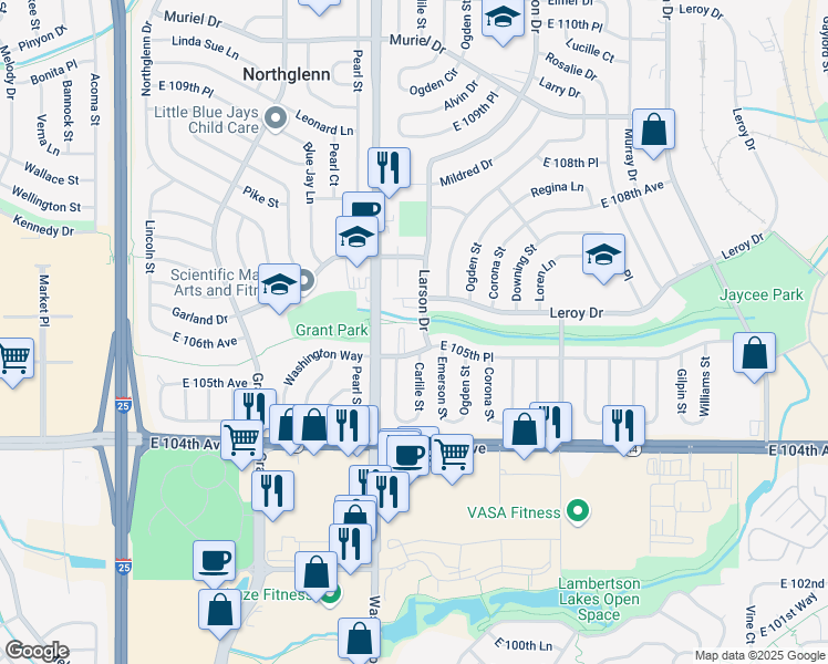 map of restaurants, bars, coffee shops, grocery stores, and more near 735 East 105th Place in Northglenn