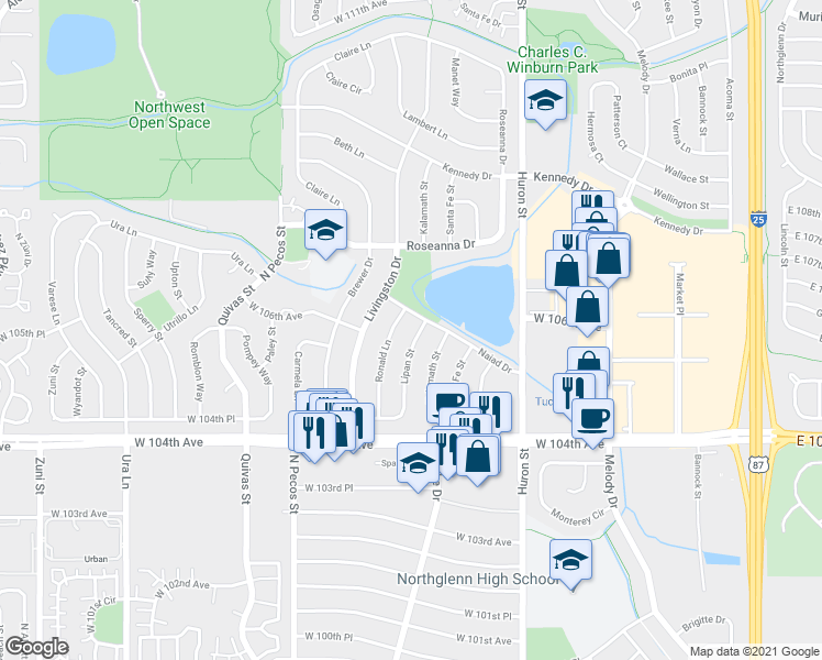 map of restaurants, bars, coffee shops, grocery stores, and more near 10547 Lipan Street in Northglenn