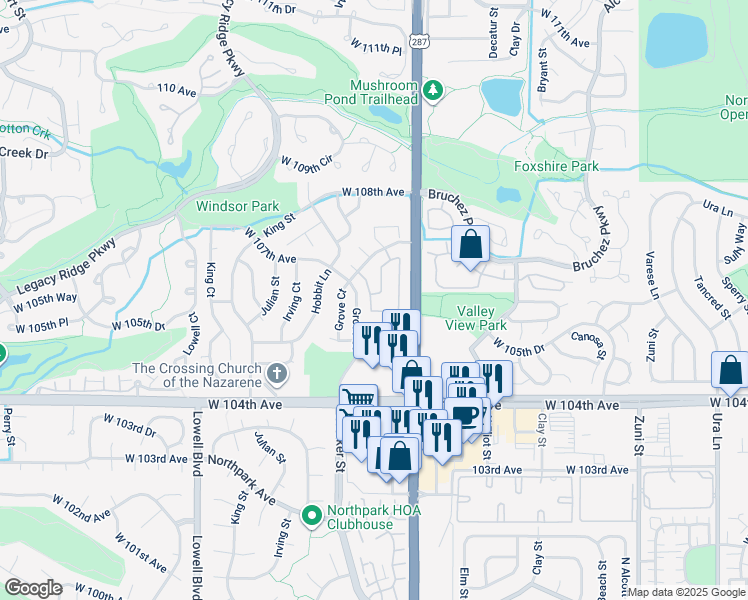 map of restaurants, bars, coffee shops, grocery stores, and more near 3082 West 107th Place in Westminster