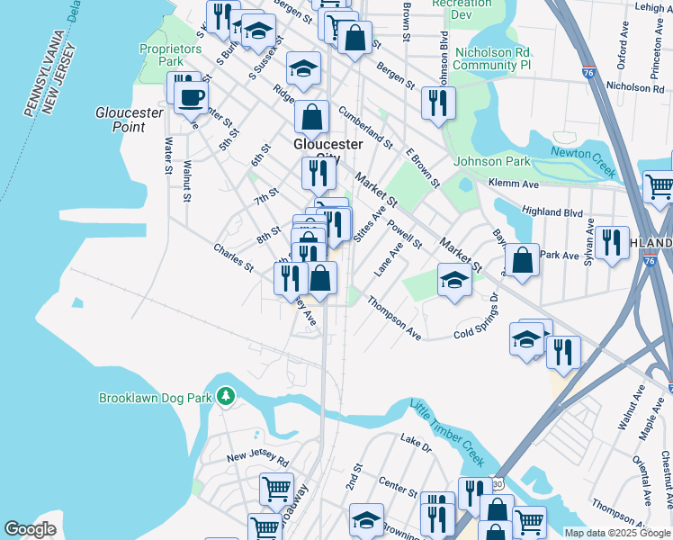 map of restaurants, bars, coffee shops, grocery stores, and more near 430 Broadway in Gloucester City