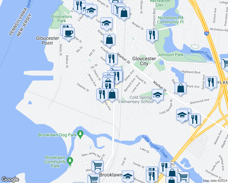 map of restaurants, bars, coffee shops, grocery stores, and more near 430 Broadway in Gloucester City