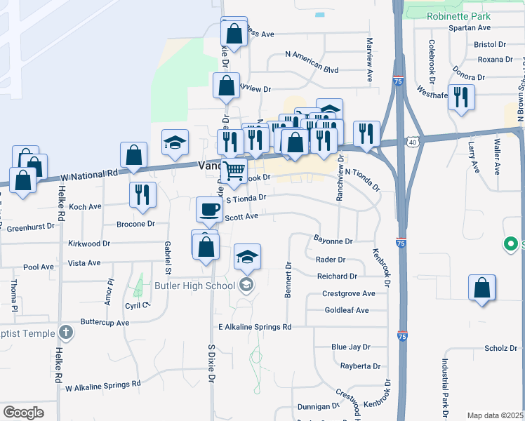 map of restaurants, bars, coffee shops, grocery stores, and more near 110 Scott Avenue in Vandalia