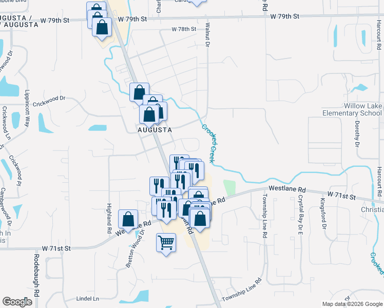 map of restaurants, bars, coffee shops, grocery stores, and more near 3042 West Hiland Drive in Indianapolis