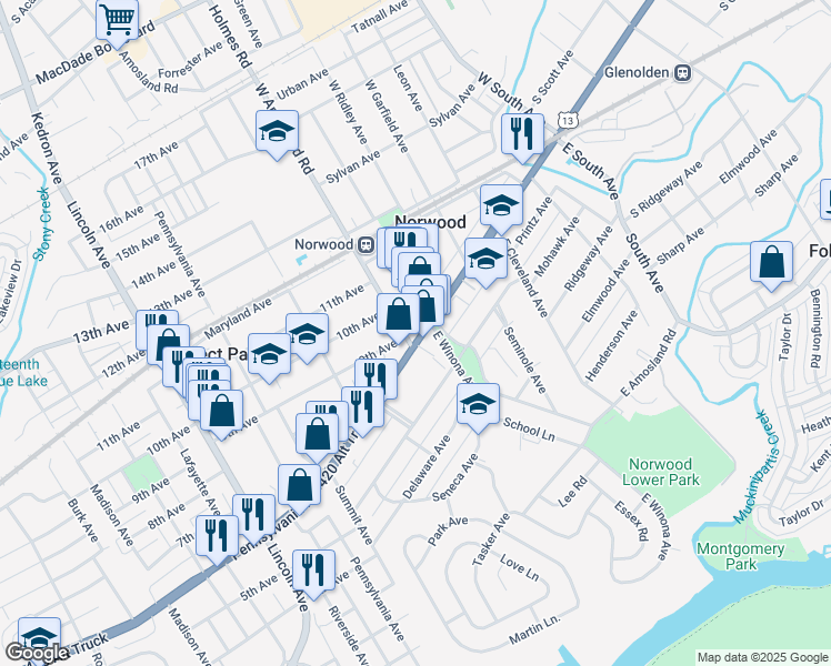 map of restaurants, bars, coffee shops, grocery stores, and more near 522 Chester Pike in Norwood