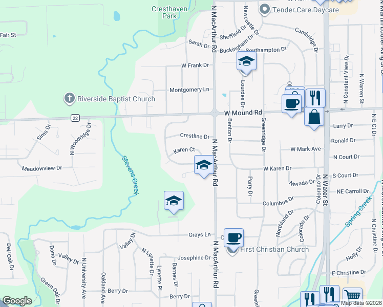 map of restaurants, bars, coffee shops, grocery stores, and more near 624-698 Karen Drive in Decatur