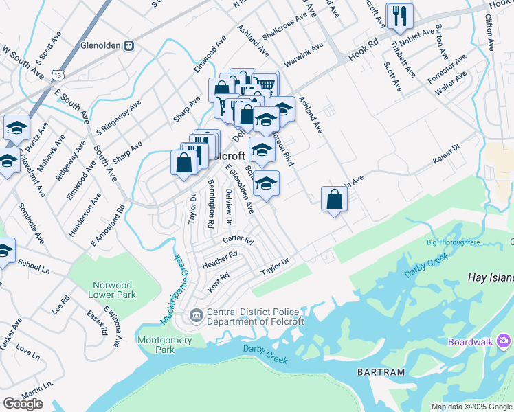 map of restaurants, bars, coffee shops, grocery stores, and more near 1919 Fowler Road in Folcroft